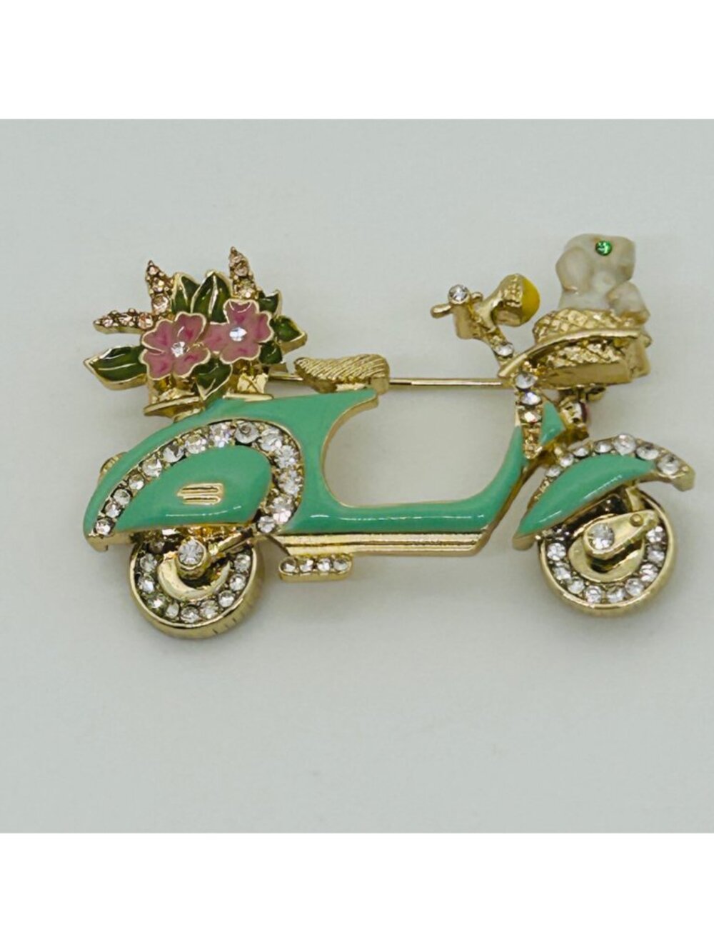Anne Klein Green Enamel Scooter Brooch With Dog & Flower Rhinestone Accents - Picture 2 of 11